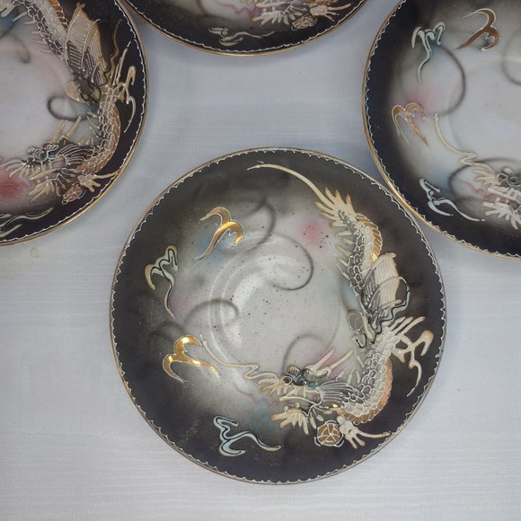 Vintage Occupied Japan Dragonware Tea Cups Saucer Set (4) Moriage Orange Luster - Picture 5 of 12